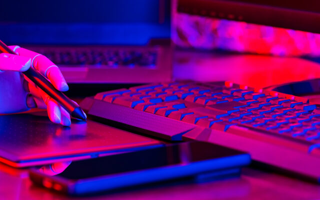 A robotic hand using a stylus on a digital tablet, symbolizing AI-driven copywriting, automation, and content creation efficiency.