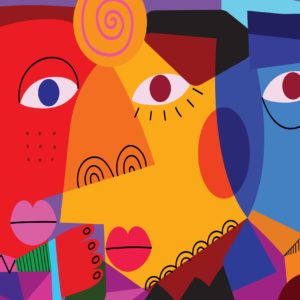 Abstract illustration of three colorful faces symbolizing diversity and inclusion, used in unconscious bias training for corporate employees