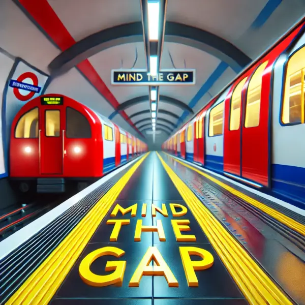 London Underground platform with red trains and the iconic "Mind the Gap" warning, representing British culture and urban etiquette.