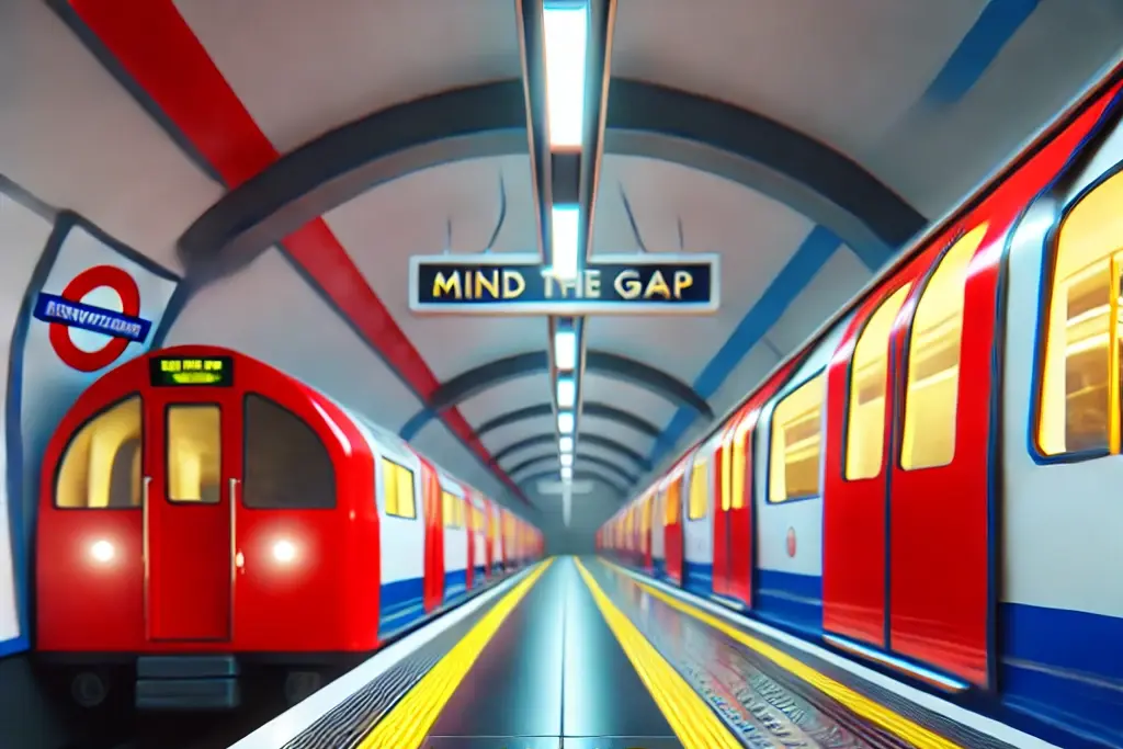 Banchina della metropolitana di Londra con i caratteristici treni rossi e l'iconico avviso "Mind the Gap", simbolo della cultura britannica e dell'etichetta urbana.